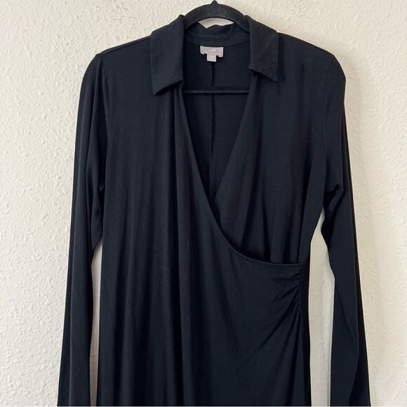 J. Jill Wearever Black Dress Long Sleeve Faux Wrap Size Medium Knee Length - Picture 4 of 8